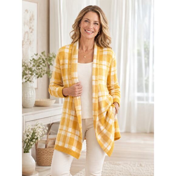 Salon Studio Sweaters - Salon Studio Yellow White Plaid Longline Cardigan Medium Cozy Open Front